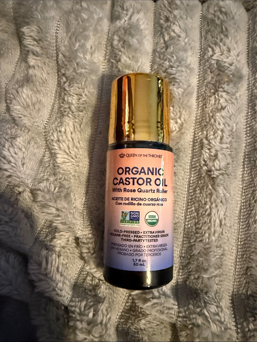 Organic Castor Oil with Rose Quartz Roller - Pink & Gold
